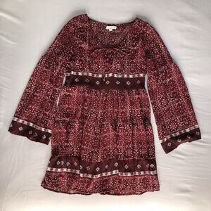 Bohemian Print Babydoll Dress Size S Burgundy Oversized Long Bell Sleeve V-Neck